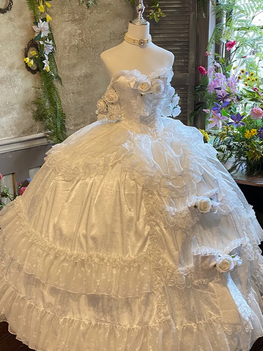 Robe de mariée Lolita princesse fée sans bretelles longue jusqu'au sol à plusieurs couches de fleurs