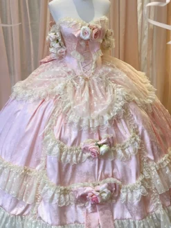 Robe de mariée Lolita princesse fée sans bretelles longue jusqu'au sol à plusieurs couches de fleurs