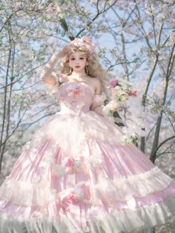 Robe de mariée Lolita princesse fée sans bretelles longue jusqu'au sol à plusieurs couches de fleurs
