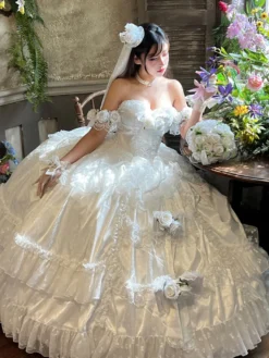 Robe de mariée Lolita princesse fée sans bretelles longue jusqu'au sol à plusieurs couches de fleurs