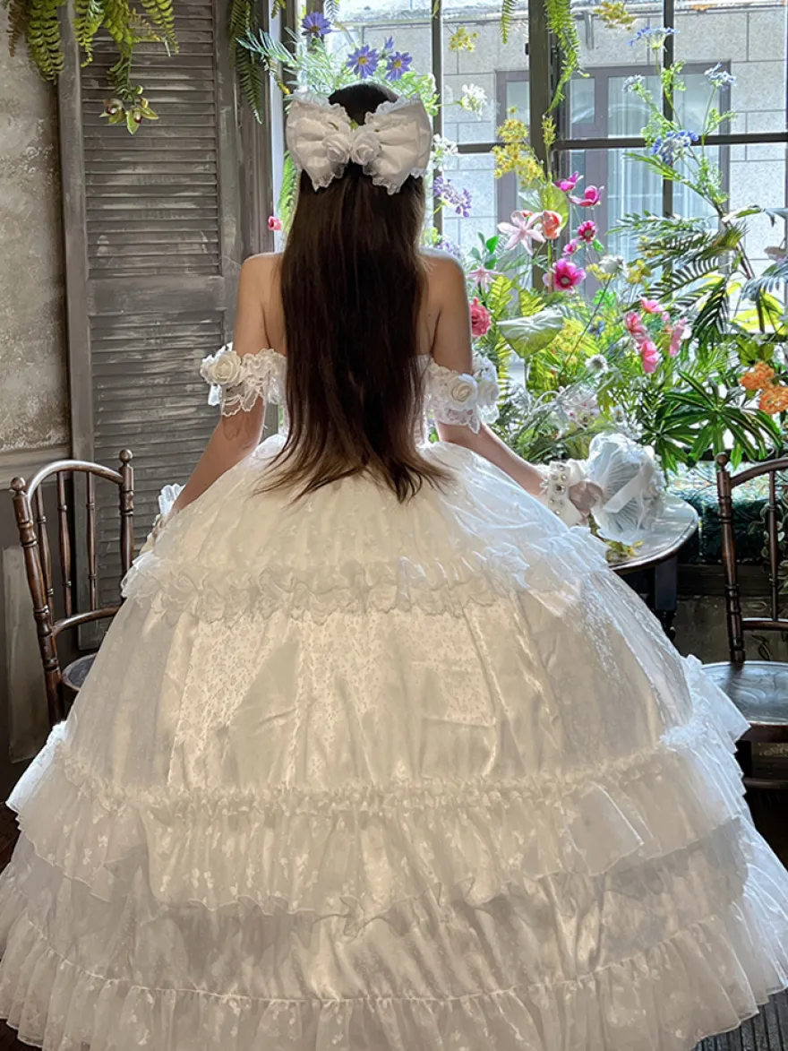 Robe de mariée Lolita princesse fée sans bretelles longue jusqu'au sol à plusieurs couches de fleurs