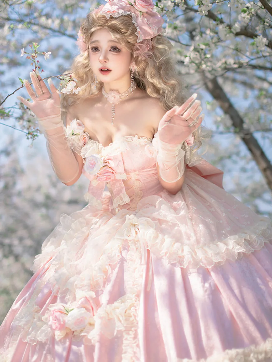 Robe de mariée Lolita princesse fée sans bretelles longue jusqu'au sol à plusieurs couches de fleurs