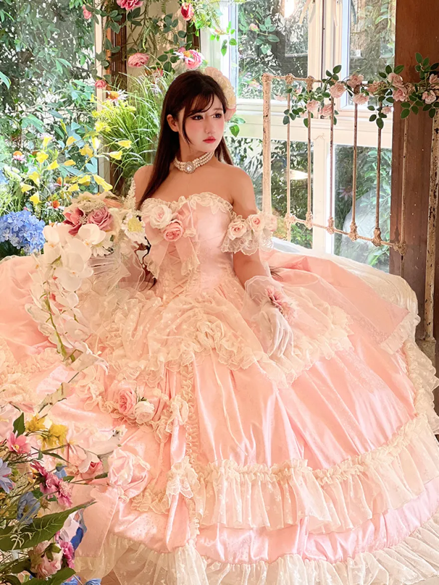 Robe de mariée Lolita princesse fée sans bretelles longue jusqu'au sol à plusieurs couches de fleurs