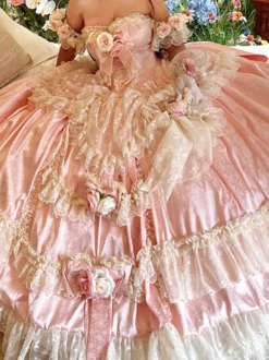 Robe de mariée Lolita princesse fée sans bretelles longue jusqu'au sol à plusieurs couches de fleurs