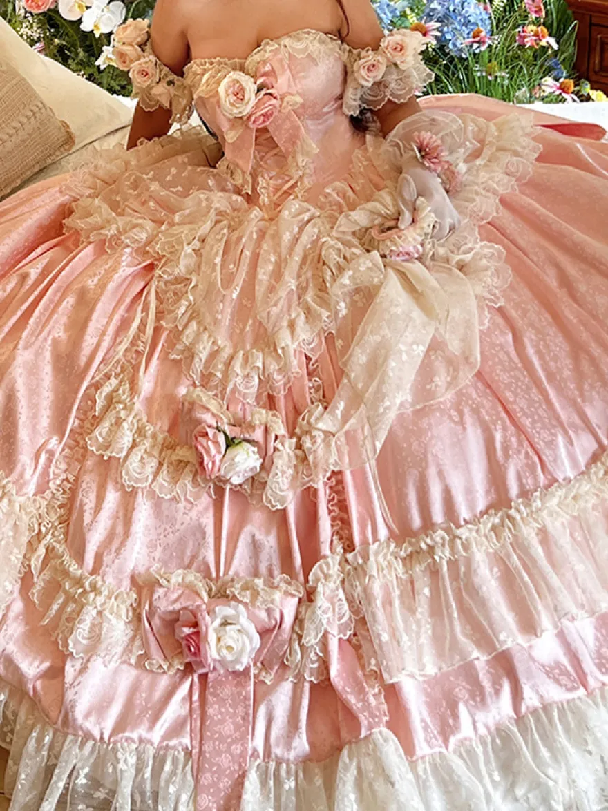 Robe de mariée Lolita princesse fée sans bretelles longue jusqu'au sol à plusieurs couches de fleurs