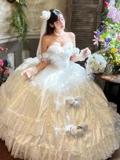 Robe de mariée Lolita princesse fée sans bretelles longue jusqu'au sol à plusieurs couches de fleurs