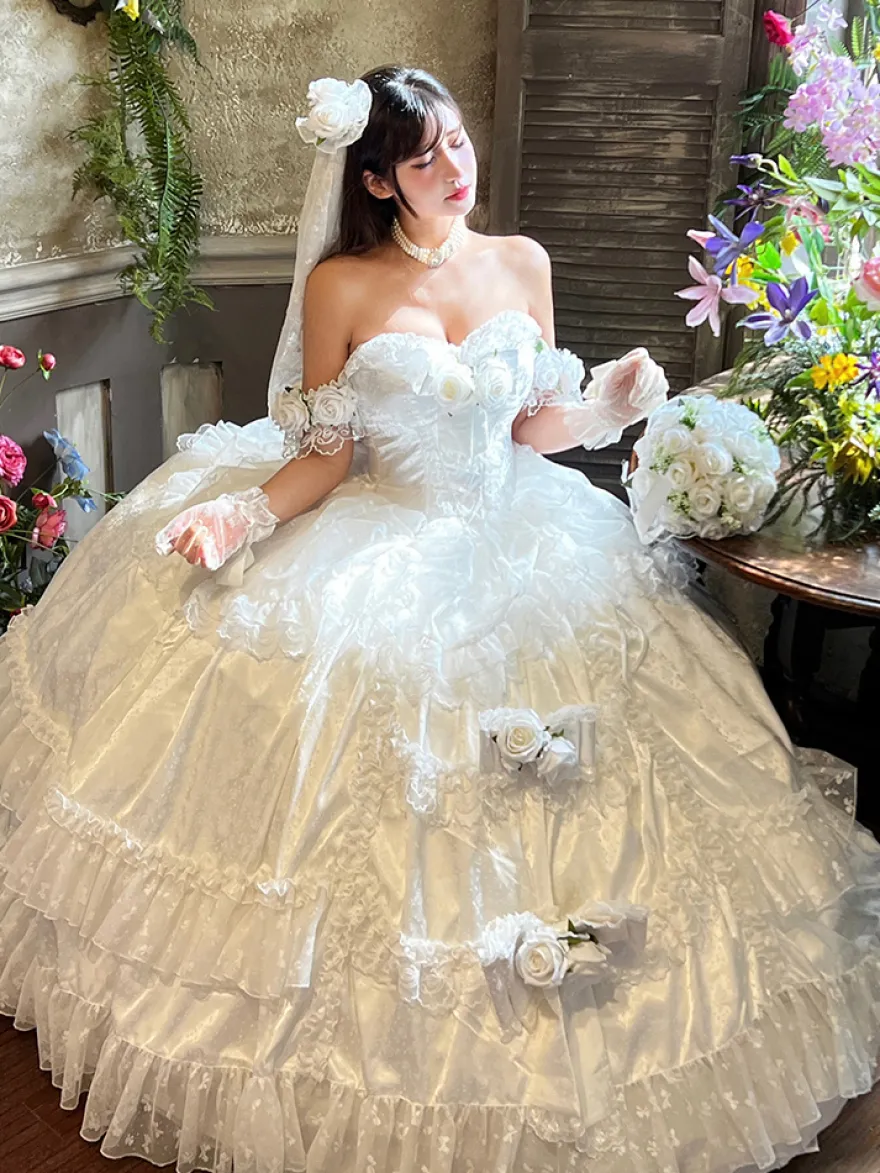 Robe de mariée Lolita princesse fée sans bretelles longue jusqu'au sol à plusieurs couches de fleurs