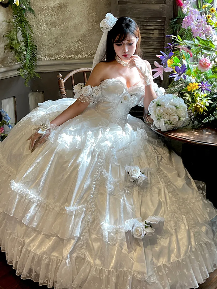 Robe de mariée Lolita princesse fée sans bretelles longue jusqu'au sol à plusieurs couches de fleurs
