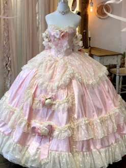 Robe de mariée Lolita princesse fée sans bretelles longue jusqu'au sol à plusieurs couches de fleurs