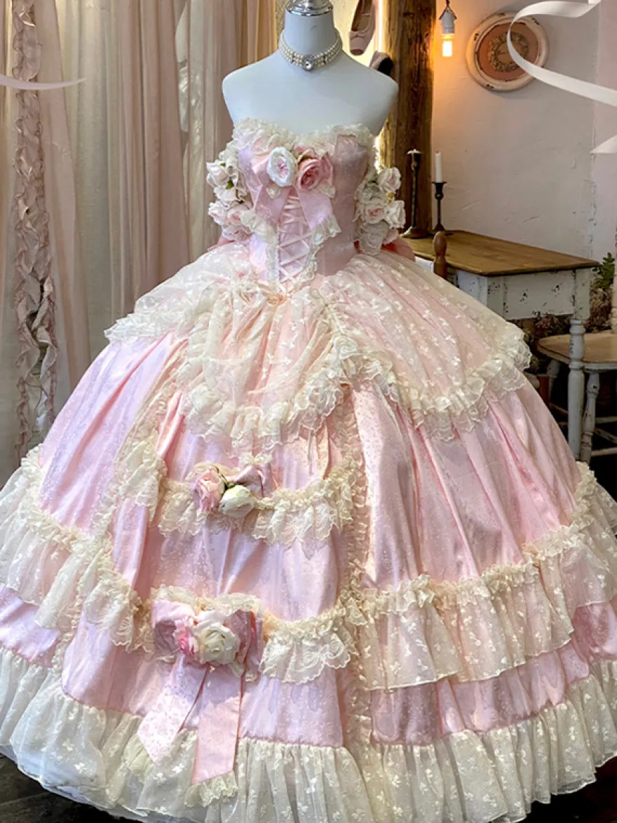 Robe de mariée Lolita princesse fée sans bretelles longue jusqu'au sol à plusieurs couches de fleurs