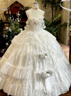 Robe de mariée Lolita princesse fée sans bretelles longue jusqu'au sol à plusieurs couches de fleurs