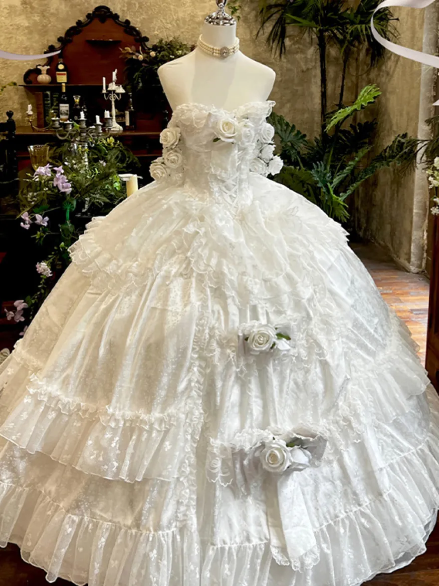 Robe de mariée Lolita princesse fée sans bretelles longue jusqu'au sol à plusieurs couches de fleurs