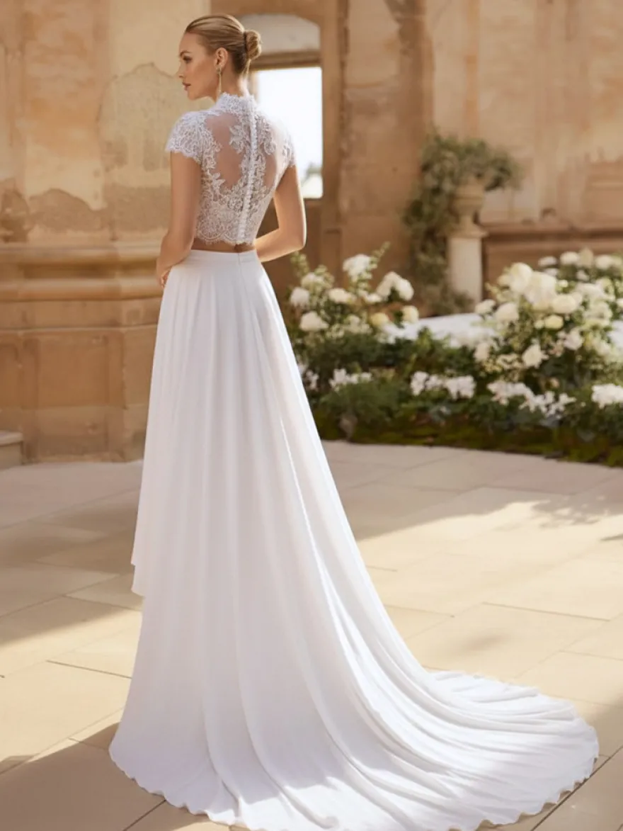 Robe de mariée 2 Pièces en chiffon Ivoire manches courtes Robes de mariée
