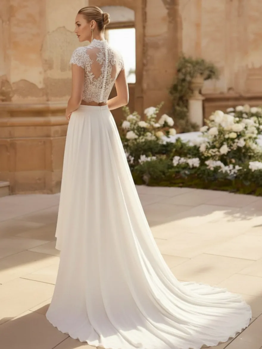 Robe de mariée 2 Pièces en chiffon Ivoire manches courtes Robes de mariée