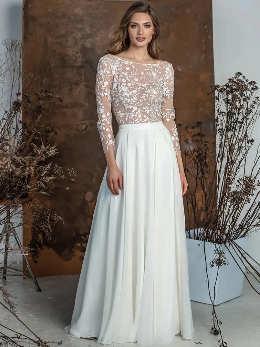 Robe de mariée 2 Pièces en chiffon Ivoire manches longues Robes de mariée