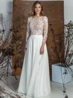 Robe de mariée 2 Pièces en chiffon Ivoire manches longues Robes de mariée