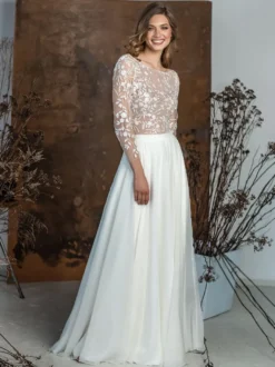 Robe de mariée 2 Pièces en chiffon Ivoire manches longues Robes de mariée
