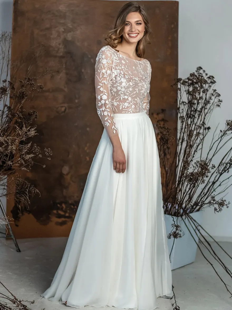 Robe de mariée 2 Pièces en chiffon Ivoire manches longues Robes de mariée