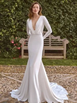 Robe de mariée 3 pièces en crêpe extensible boutons col en V sirène avec traîne amovible boutons fonctionnels manches longues