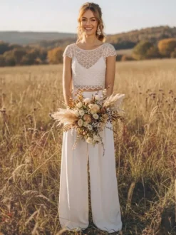 Robe de mariée 3 pièces en dentelle et mousseline décolleté illusion longueur au sol fermeture éclair manches courtes