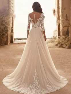 Robe de mariée 2 Pièces en tulle Crème Vanille manches 3/4 Robe de mariée dentelle Robes de mariée