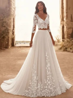 Robe de mariée 2 Pièces en tulle Crème Vanille manches 3/4 Robe de mariée dentelle Robes de mariée
