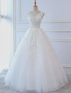 Robe de mariée princesse col V dos nu à laçage en dentelle jupe en tulle traîne rond Robe de mariée
