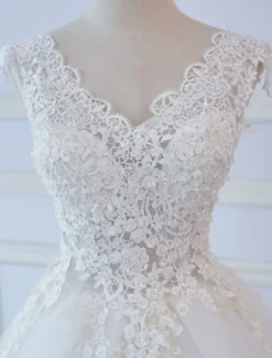 Robe de mariée princesse col V dos nu à laçage en dentelle jupe en tulle traîne rond Robe de mariée
