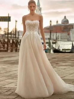 Robe de mariée princesse en dentelle bustier boutonné sur dos à traîne