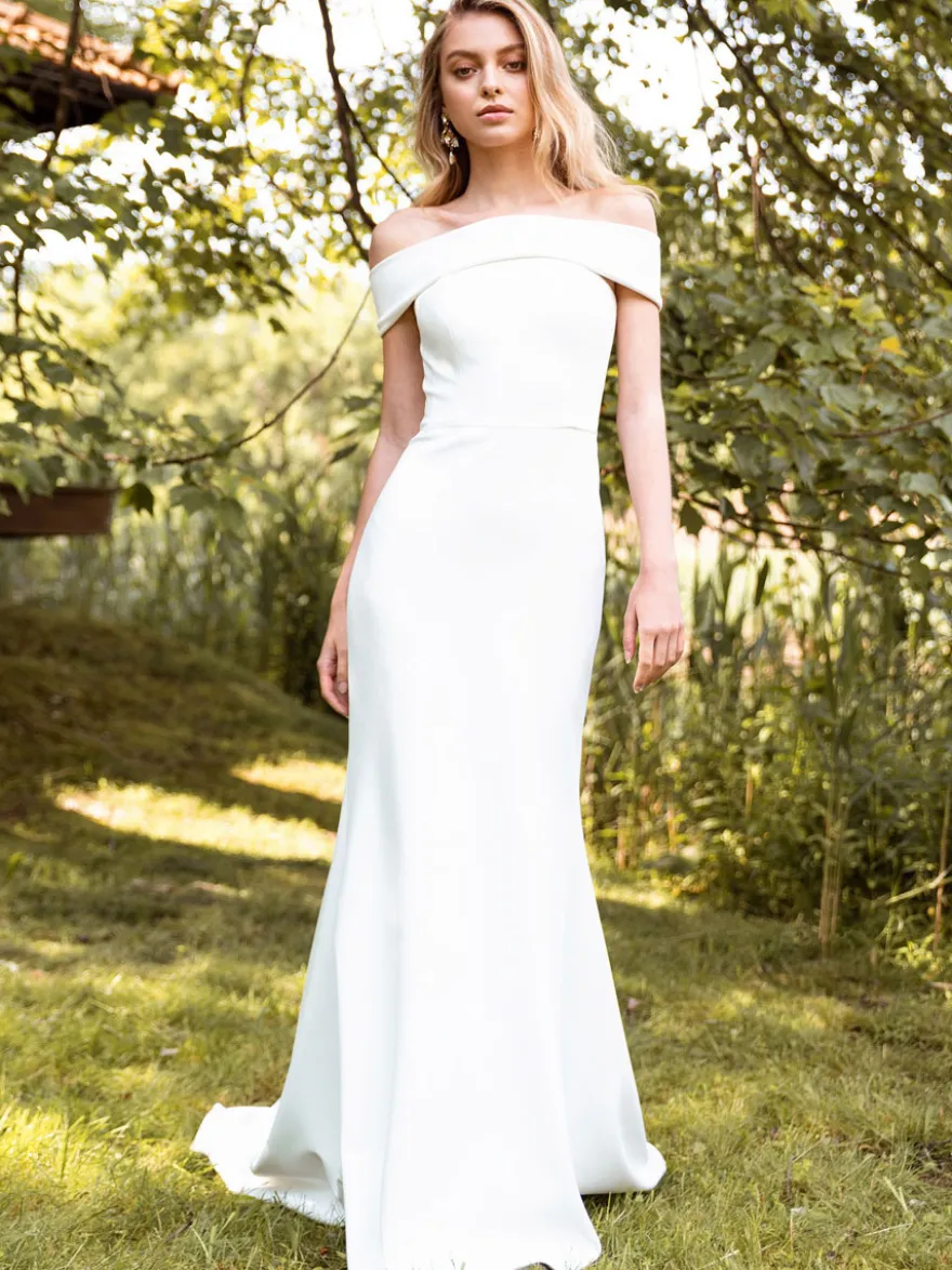 Robe de mariée simple blanche col bateau au sol robe de mariage