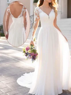 Robe de mariée simple blanche col V manche longue en dentelle