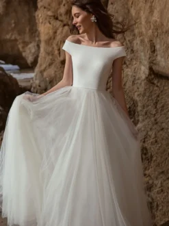 Robe de mariée simple blanche col bateau haut en satin jupe plissée en tulle à traîne Robe de mariage
