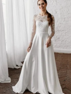 Robe De Mariée Simple Blanche en Satin Décolleté Manches Longues transparent à traîne Robes de mariage