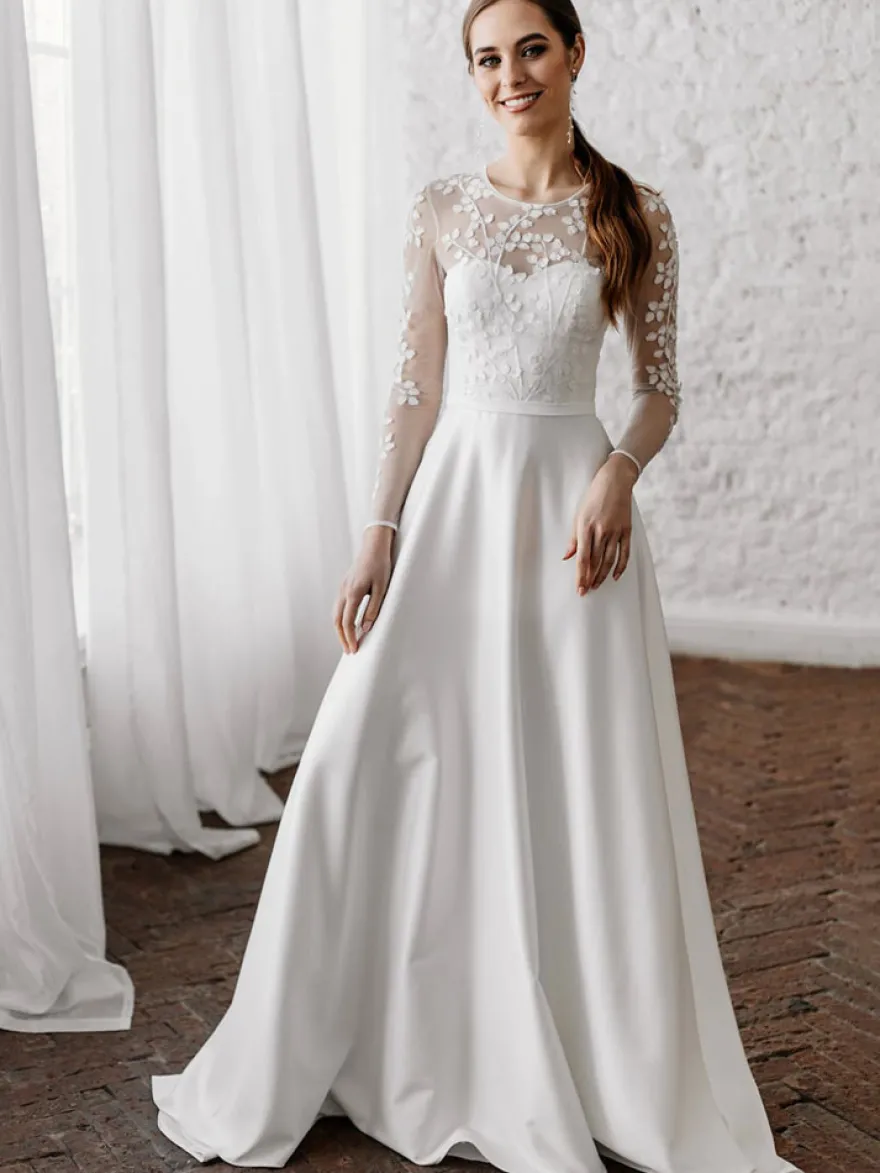Robe De Mariée Simple Blanche en Satin Décolleté Manches Longues transparent à traîne Robes de mariage