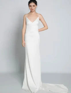 Robe de mariée simple blanche en satin col V décolleté longueur au sol Robe de mariage