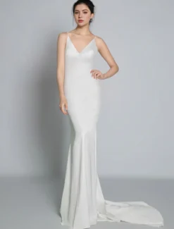 Robe de mariée simple blanche en satin col V décolleté longueur au sol Robe de mariage