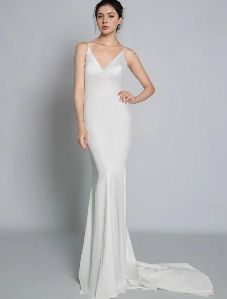 Robe de mariée simple blanche en satin col V décolleté longueur au sol Robe de mariage