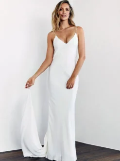 Robe de mariée simple blanche en satin col V décolleté longueur au sol Robe de mariage