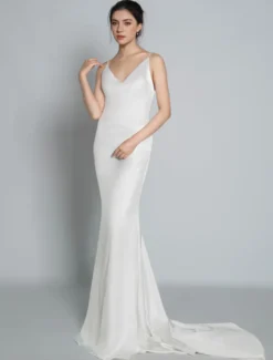 Robe de mariée simple blanche en satin col V décolleté longueur au sol Robe de mariage