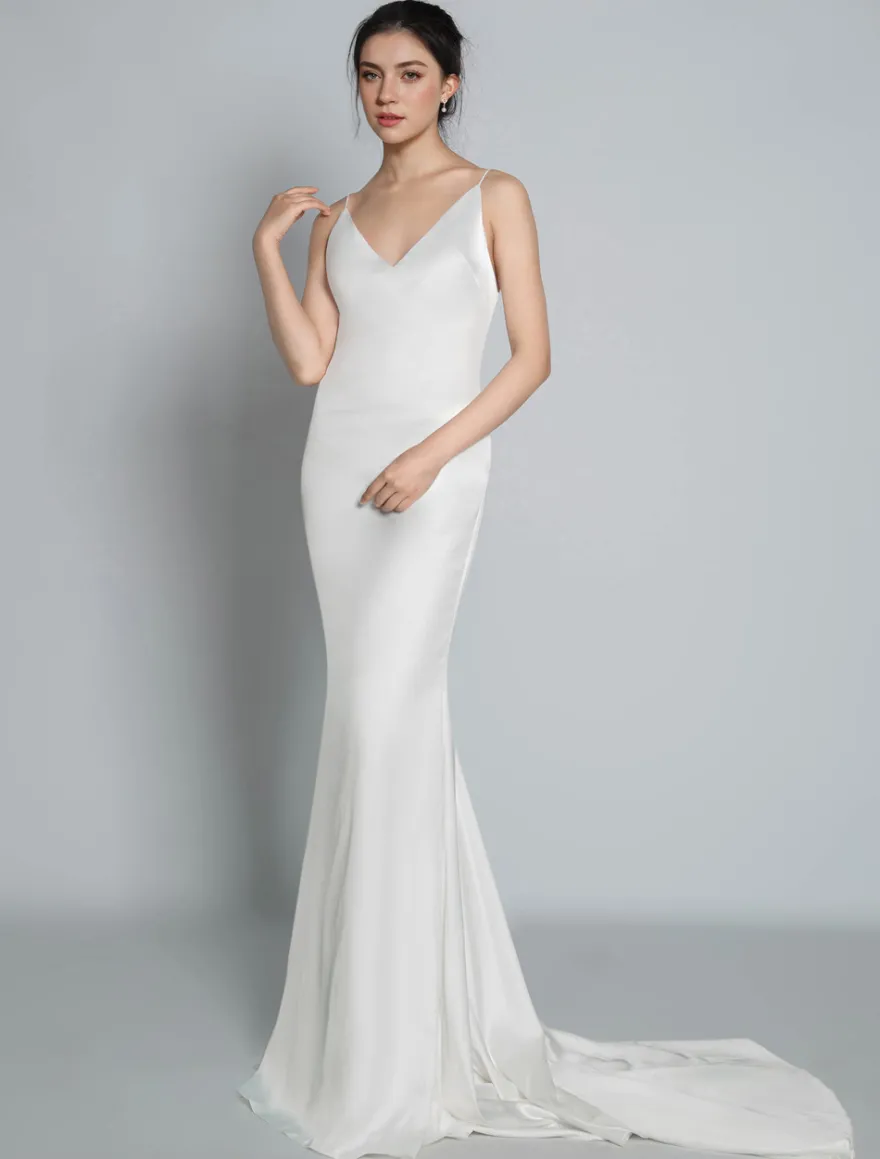 Robe de mariée simple blanche en satin col V décolleté longueur au sol Robe de mariage