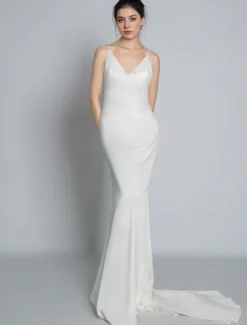 Robe de mariée simple blanche en satin col V décolleté longueur au sol Robe de mariage