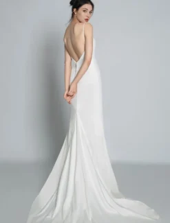 Robe de mariée simple blanche en satin col V décolleté longueur au sol Robe de mariage