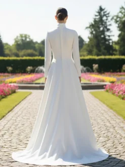 Robe de Mariée Simple Blanc manches longues col roulé Tissu de satin Robes de mariée