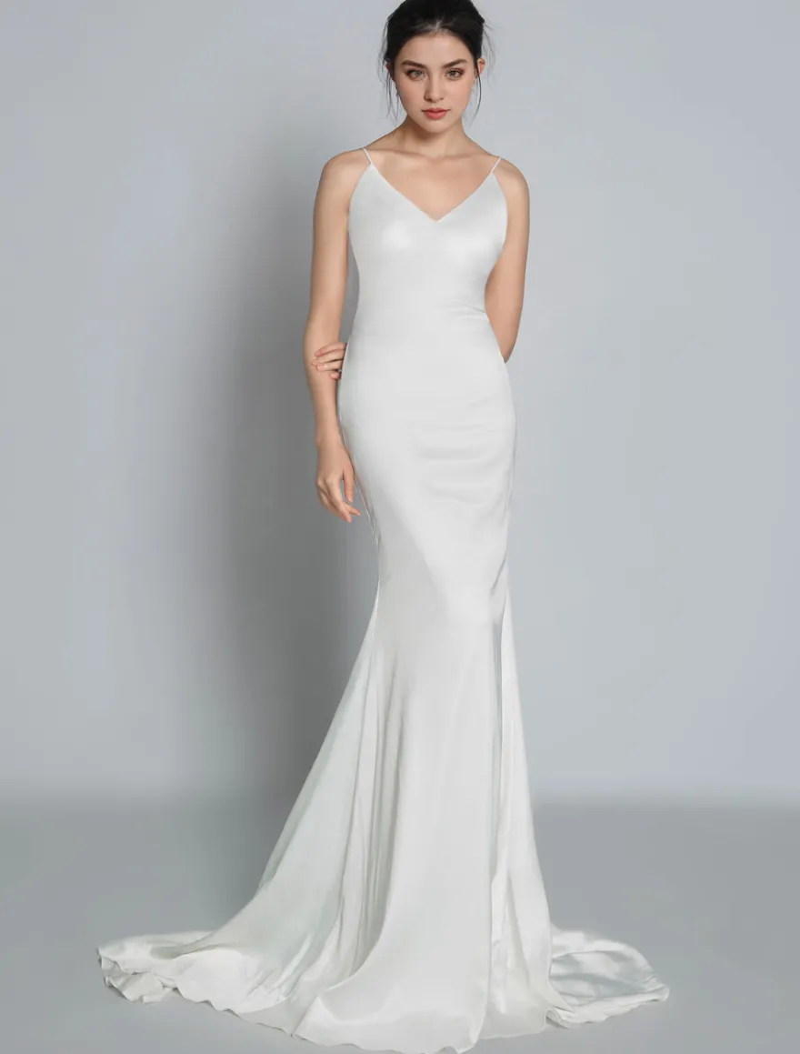 Robe de mariée simple col V jupe plissée à traîne