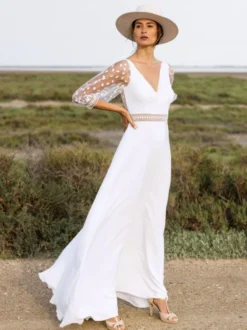 Robe de mariée simple robe de bal col en V manches 3/4 robe de mariée en dentelle