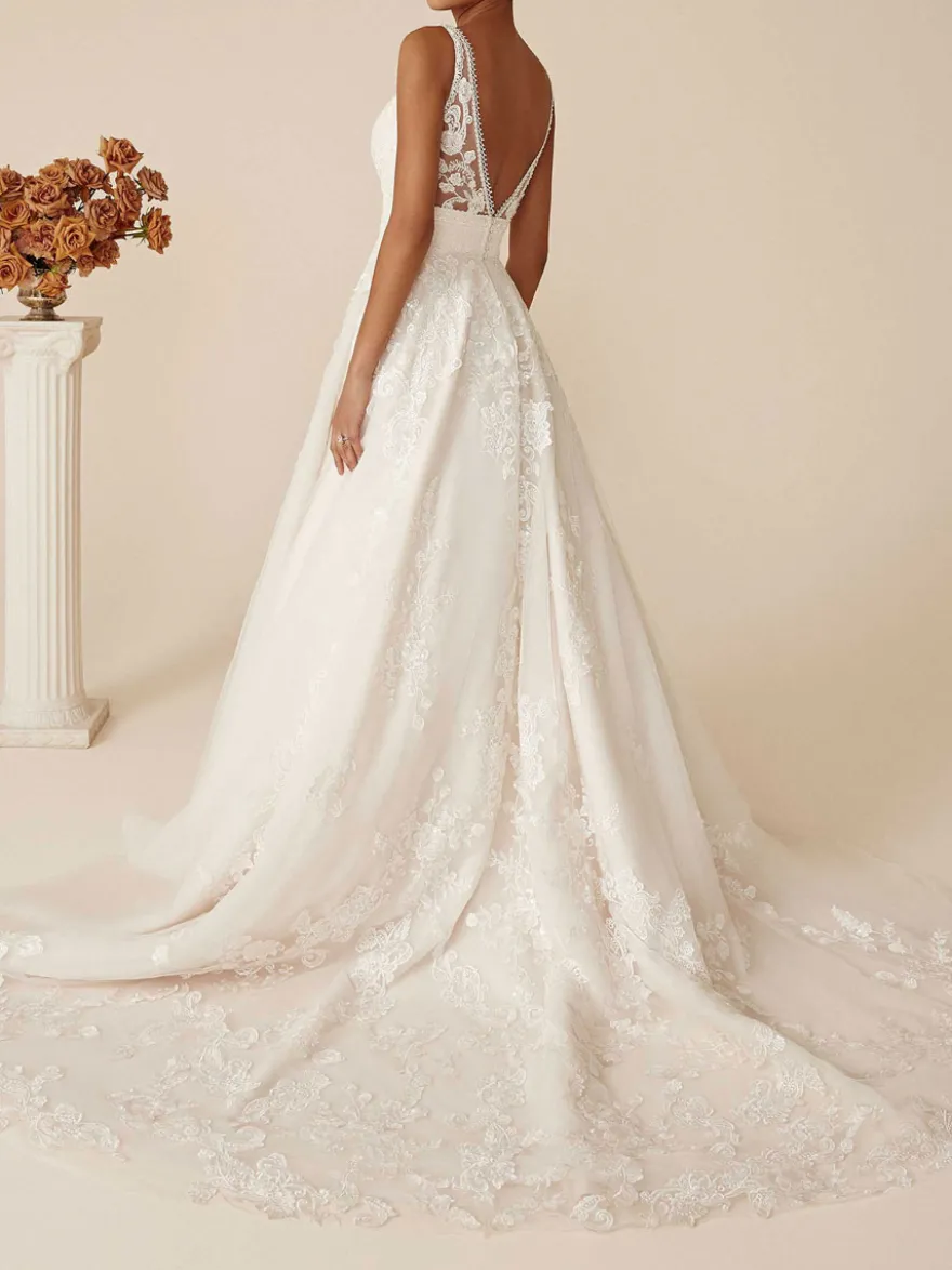 Robe de mariée simple robe de mariage col V décolleté à traîne