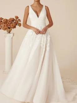 Robe de mariée simple robe de mariage col V décolleté à traîne