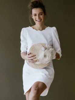 Robe de mariée simple robe de mariée courte col rond dos en V manche 3/4 robe mariage civil