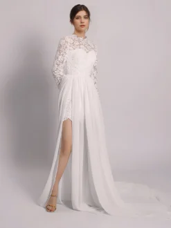 Robe de Mariée Simple Robe de mariée 2 Pièces Ivoire manches longues col roulé en tulle Robes de mariée