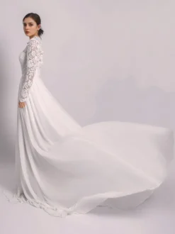 Robe de Mariée Simple Robe de mariée 2 Pièces Ivoire manches longues col roulé en tulle Robes de mariée